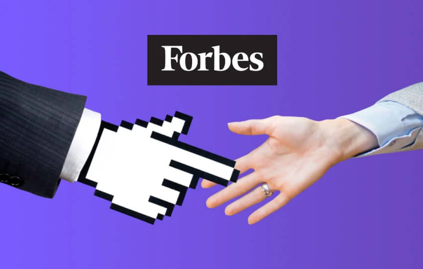 Forbes article graphic showing a pixelated digital hand reaching toward a human hand.