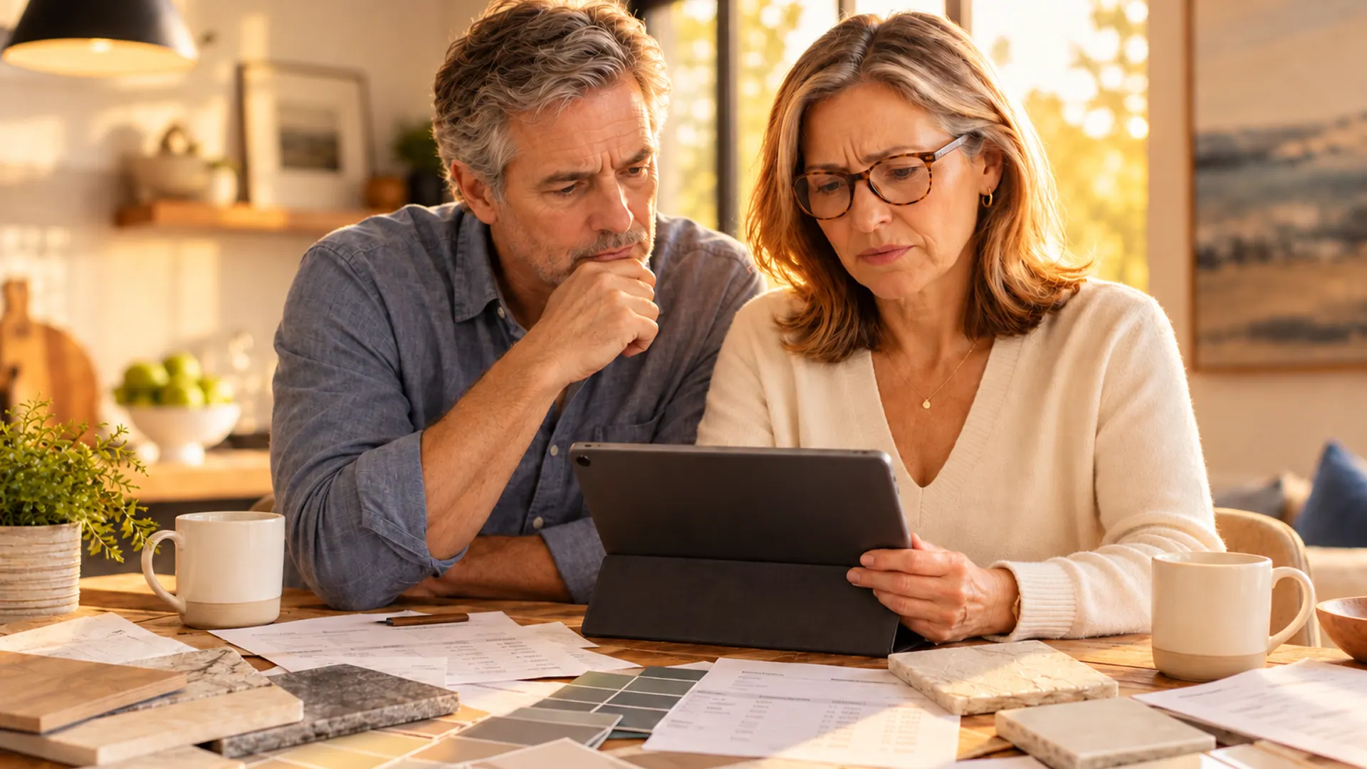 Couple looking a bit concerned during family meeting, surrounded by bills with an iPad.