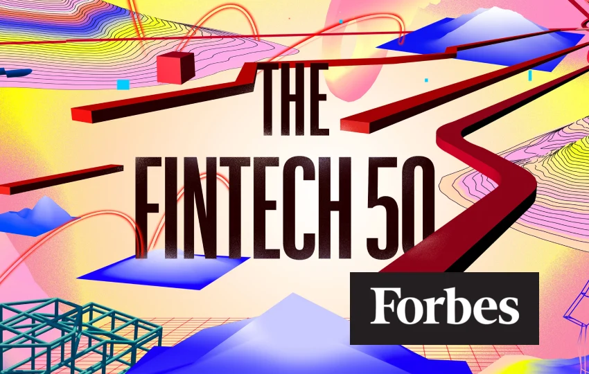 Forbes Fintech 50 graphic featuring colorful abstract geometric shapes.