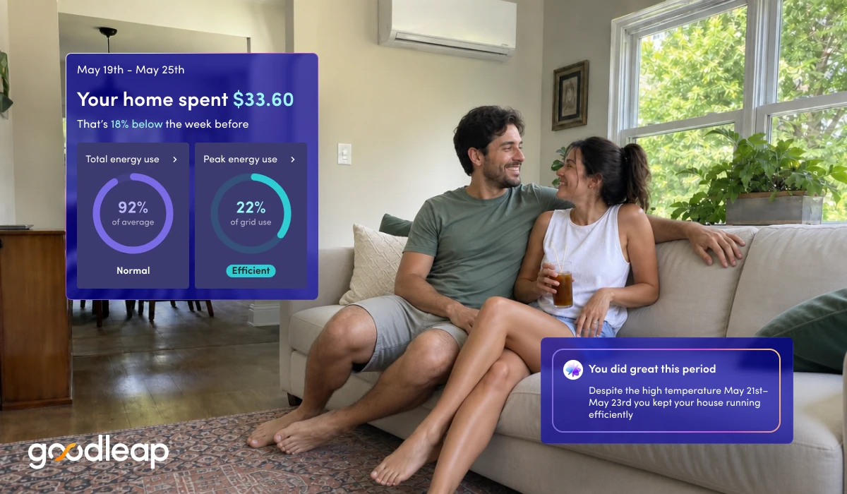 Homeowners relaxing in an air-conditioned living room with GoodLeap energy insights showing lower weekly energy costs and efficient peak energy use.