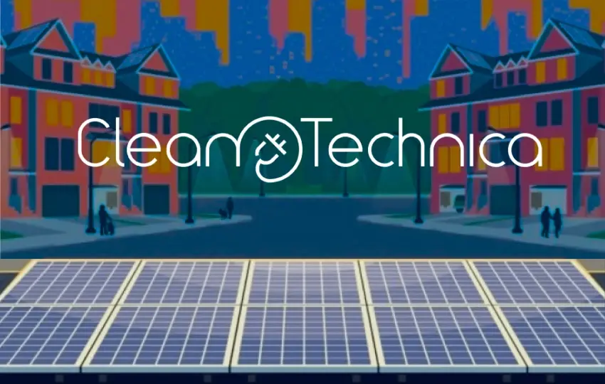 Illustration of a neighborhood with solar panels in the foreground and the “CleanTechnica” logo overlaid, representing clean energy and sustainable technology.