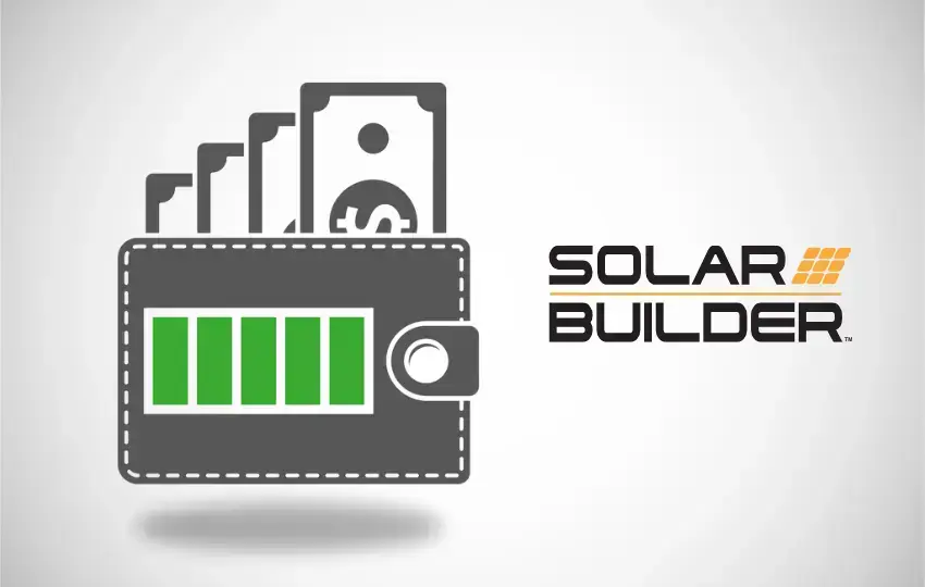 Illustration of a wallet filled with cash, featuring a battery charge icon on the front, next to the Solar Builder logo.
