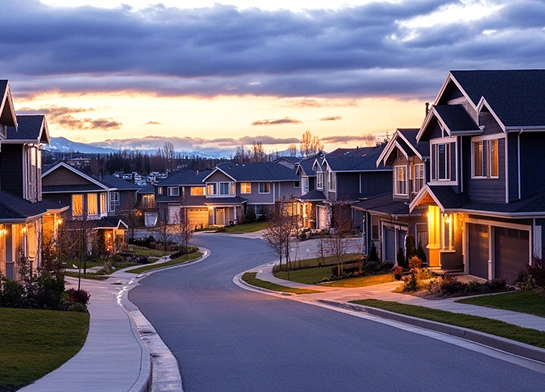 Quiet suburban neighborhood at sunset with lights on in modern two-story homes lining a curved street.