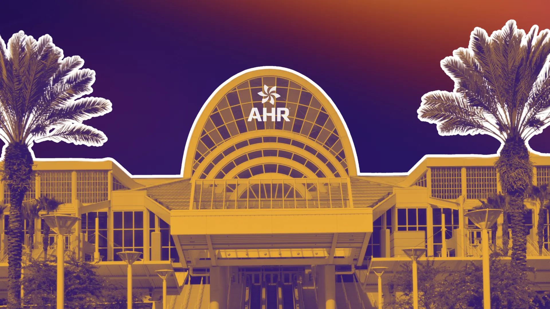 Digital graphic of a building with palm trees in front and the AHR logo superimposed at the top