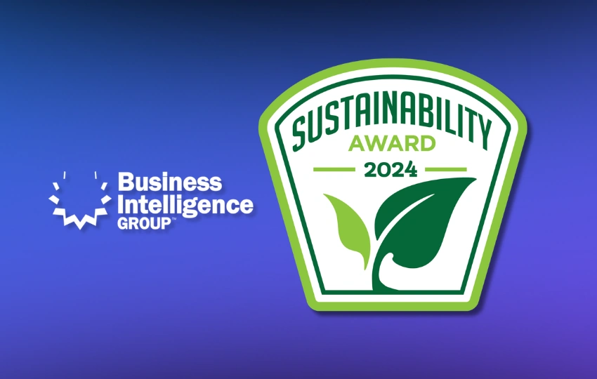 Business Intelligence Group logo next to a green badge that reads ‘Sustainability Award 2024’ with two leaf icons, on a blue gradient background.