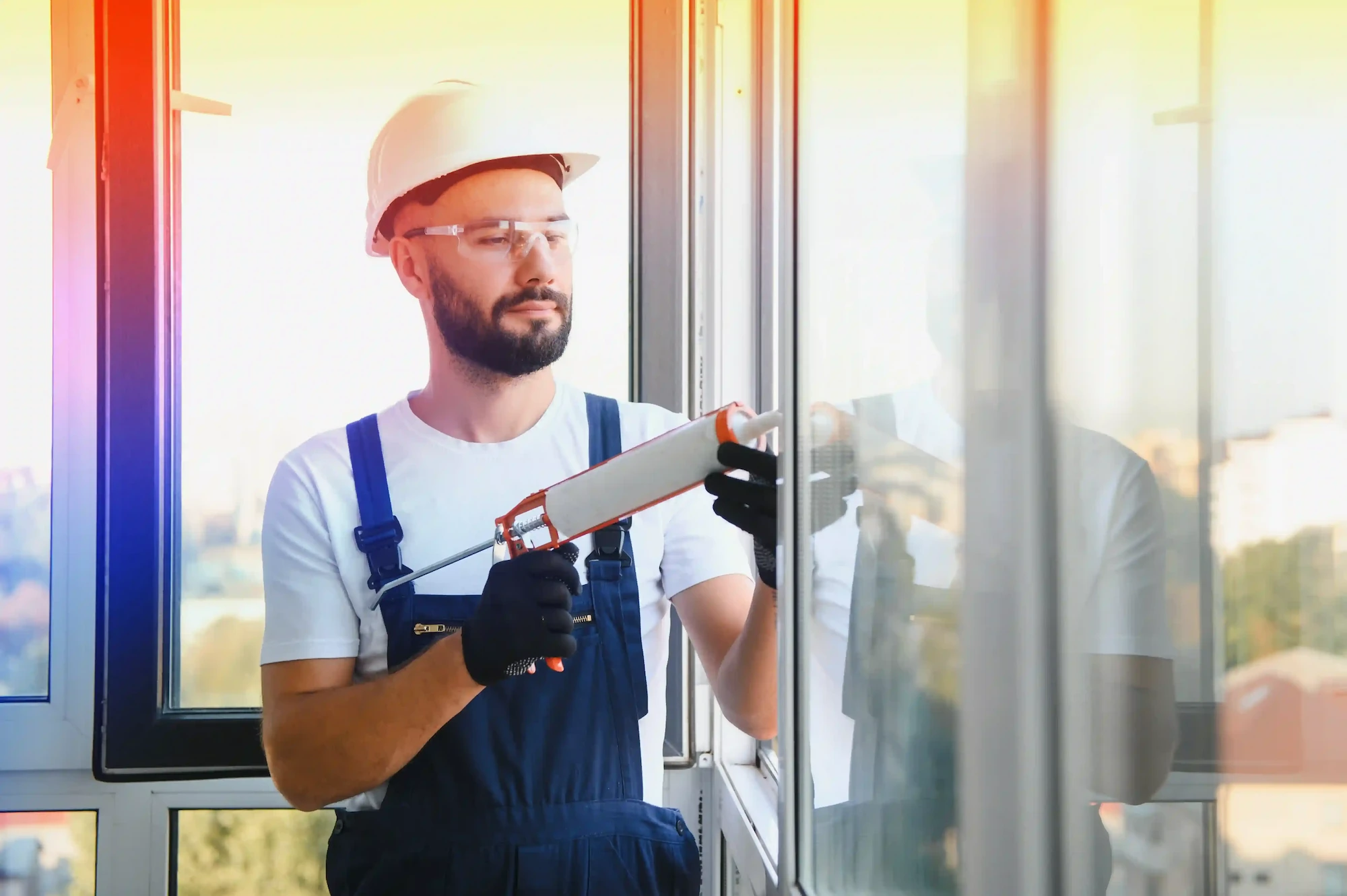 Construction worker in safety gear sealing a window with a caulking gun inside a modern building.