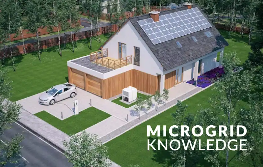 Illustration of a modern home with rooftop solar panels, battery storage, and an electric vehicle charger, labeled “Microgrid Knowledge.”