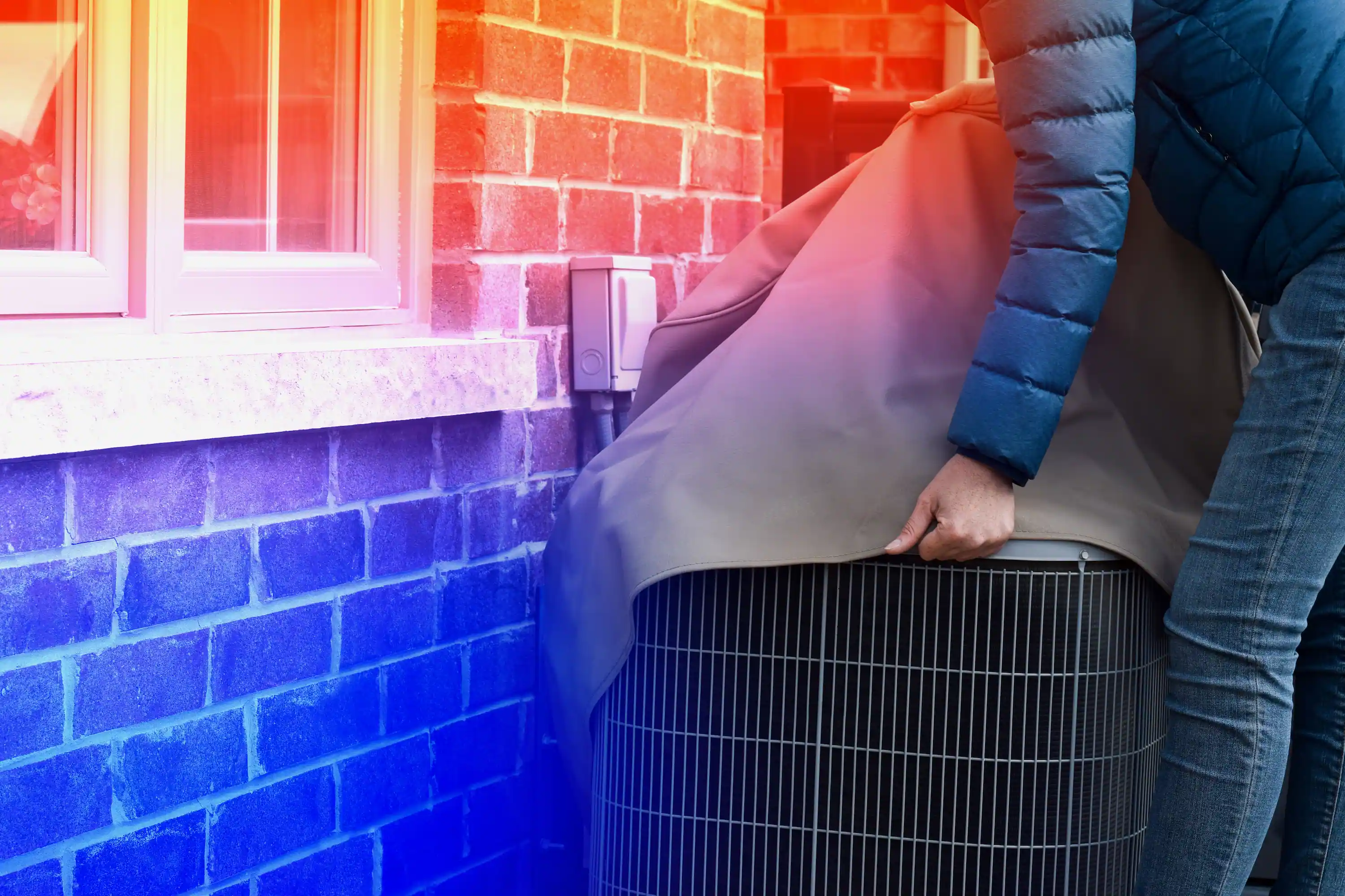 Homeowner covering their HVAC with blanket to weatherproof for winter
