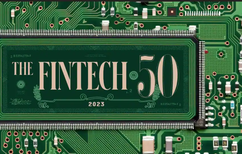 The Fintech 50 2023 graphic displayed as a microchip on a green circuit board.