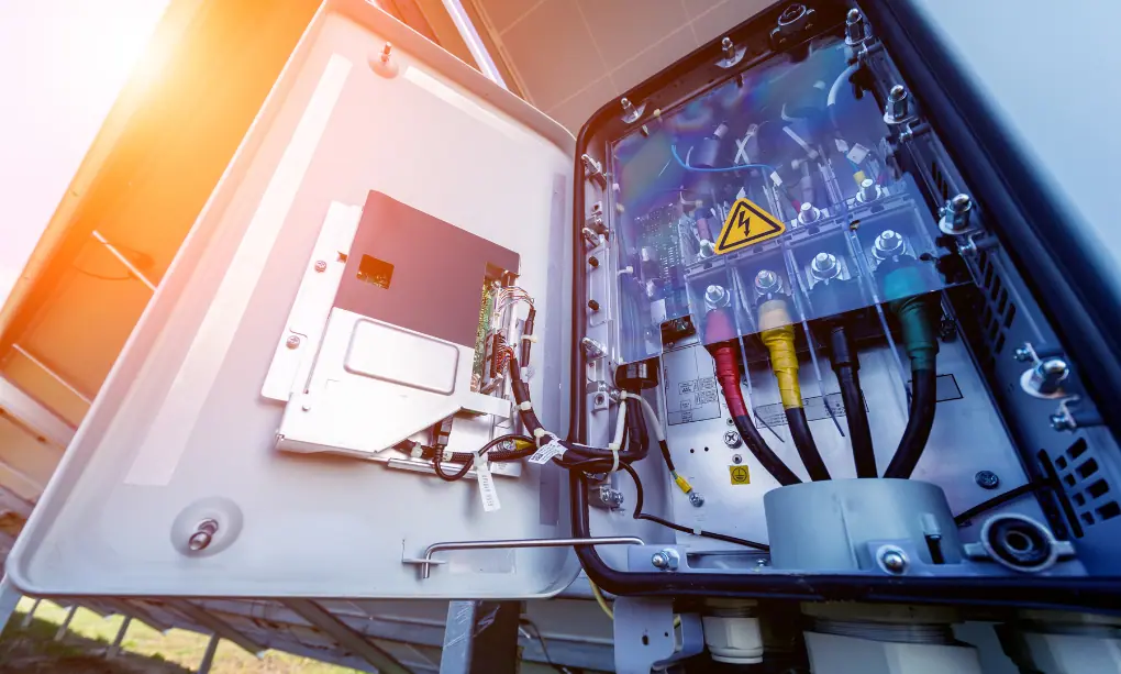 An open electrical panel showing wires and terminals