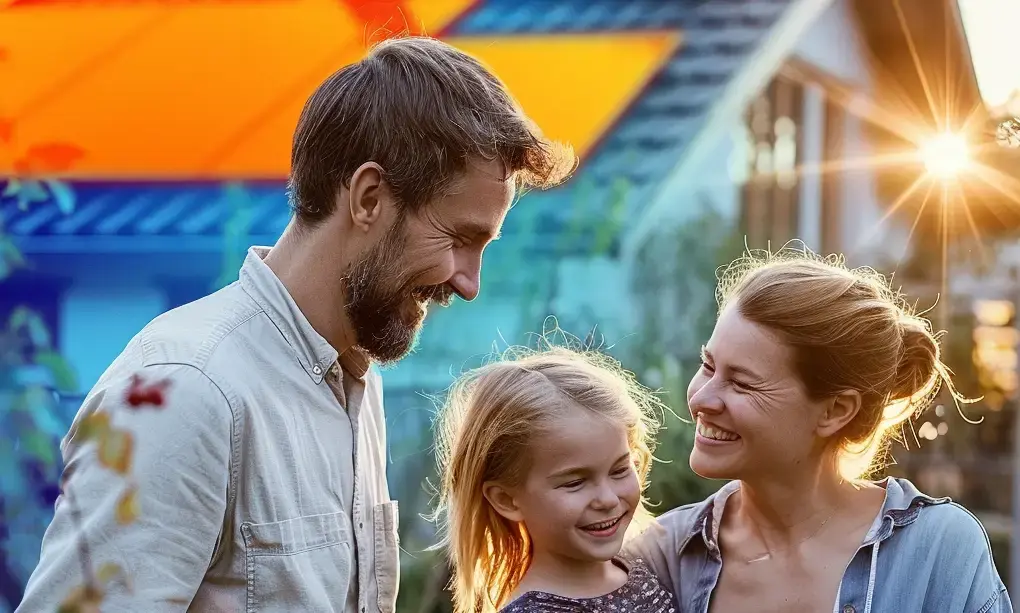 A man, woman, and child smiling together