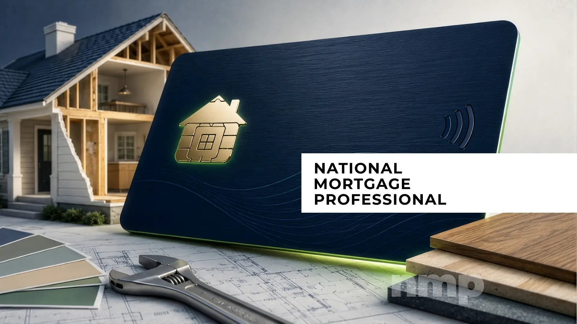 National Mortgage Professional article graphic featuring a home under construction, renovation materials, and a payment card with a home-shaped chip.