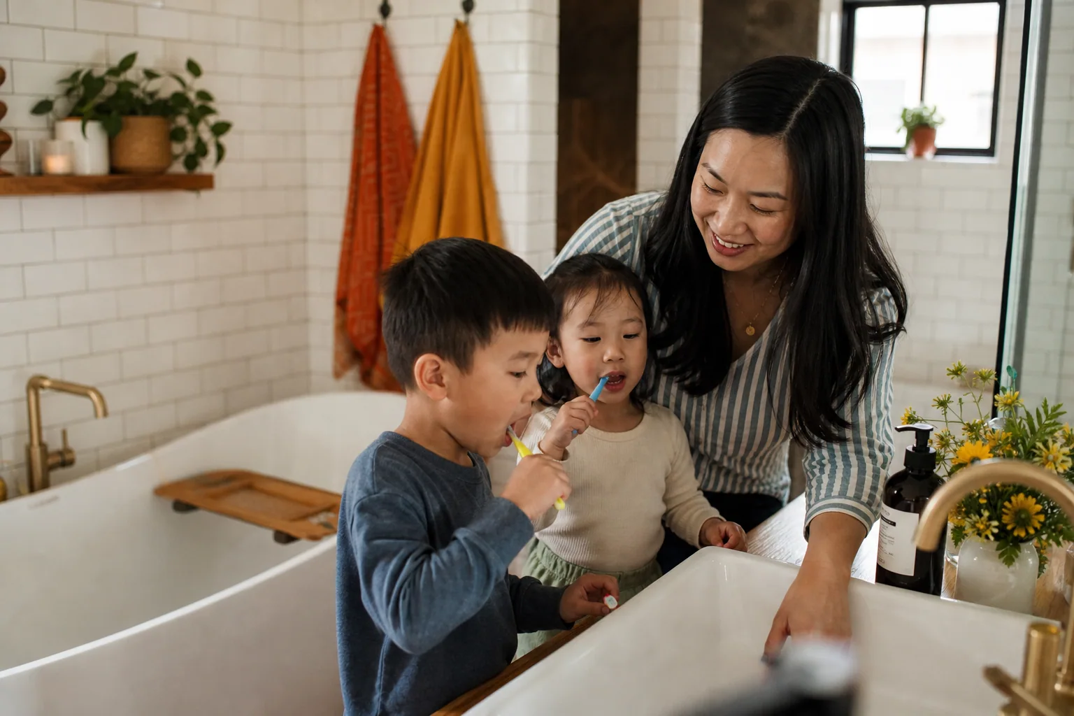 Mom with children brushing their teeth in modern, aesthetic home