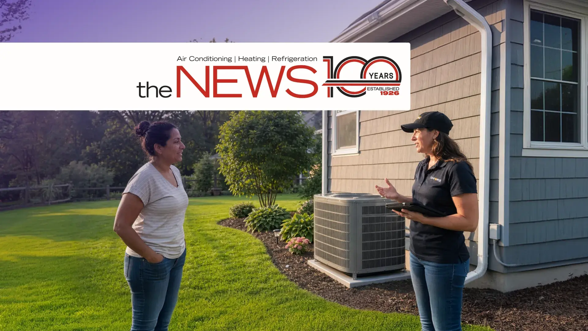 The NEWS article graphic showing an HVAC professional speaking with a homeowner beside an outdoor air conditioning unit.