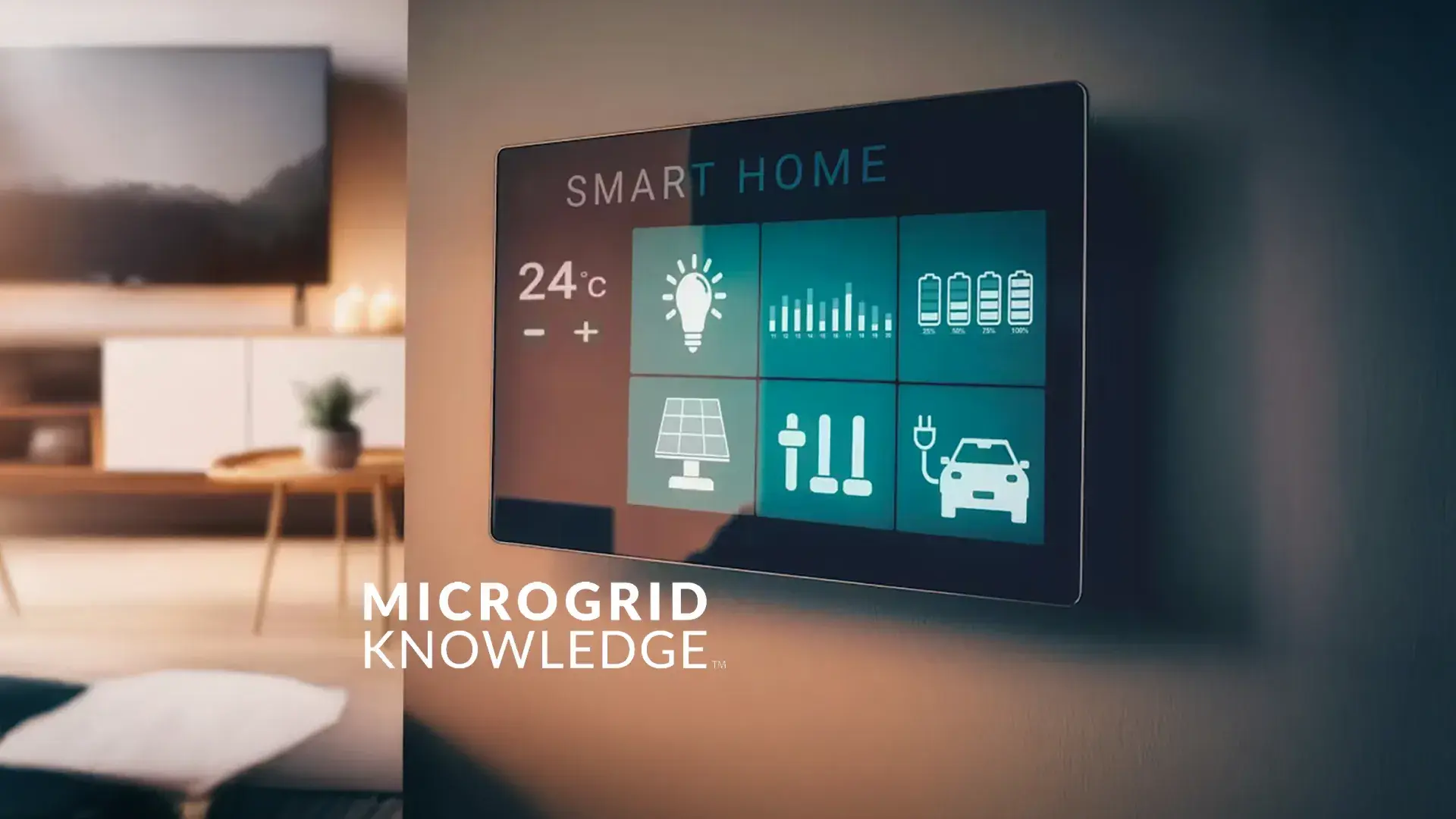 Smart home control panel on a wall displaying icons for lighting, temperature (24°C), solar power, battery levels, and electric vehicle charging. The panel is in a modern living room, with the words ‘Microgrid Knowledge’ overlaid in the lower-left corner.