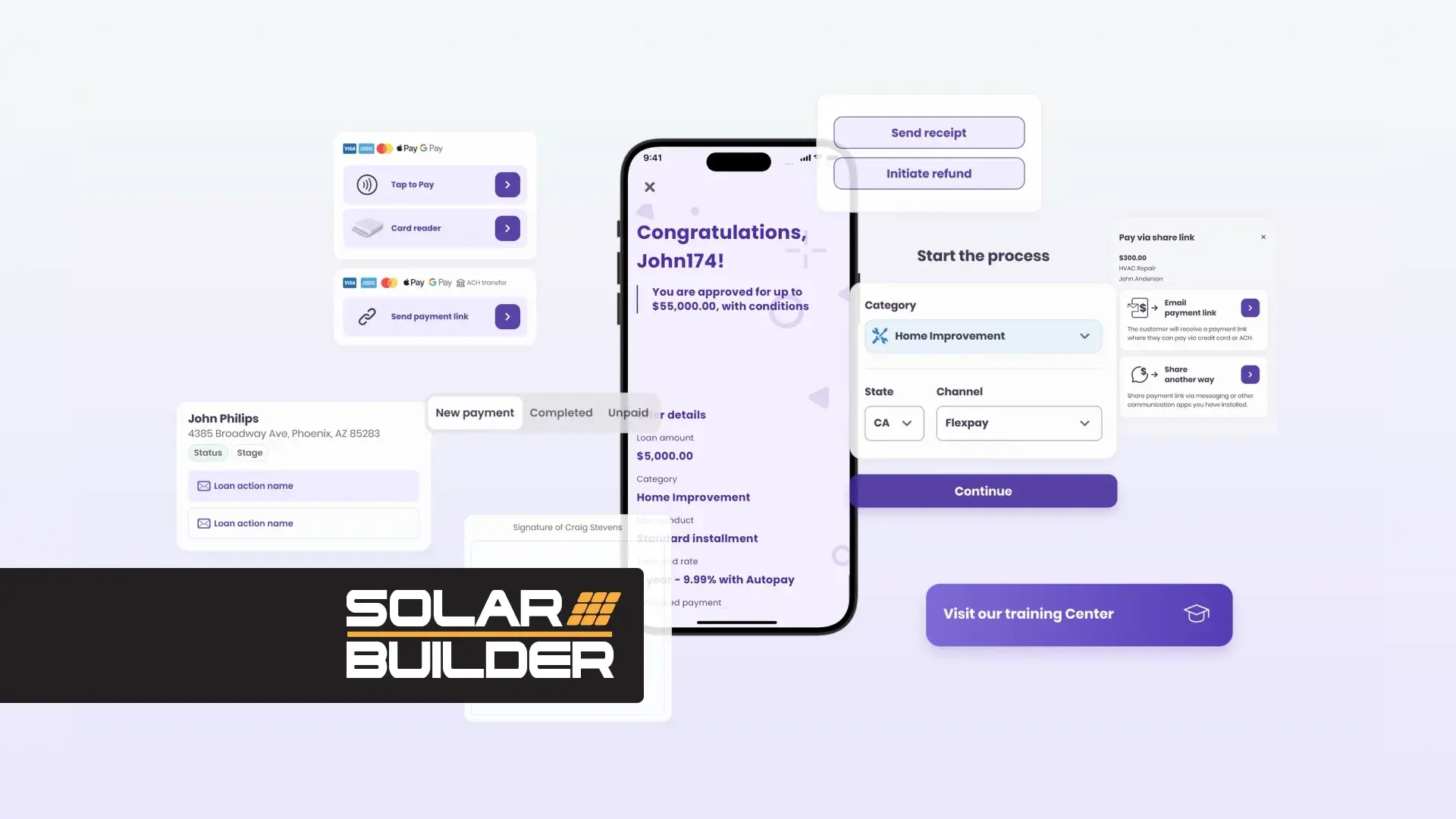 Multiple GoodLeap Payment UI images with the Solar Builder logo in the foreground